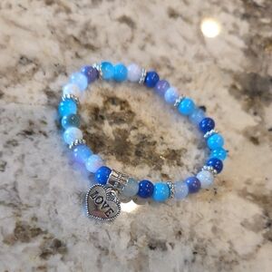 Blue and Silver Beaded Bracelet with Heart Charm